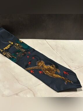 Jurassic Park Silk Navy 57” Tie with Gold Dinosaur Motif
